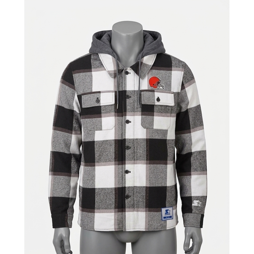 NEW STARTER men's cleveland browns sherpa lined plaid jacket in black